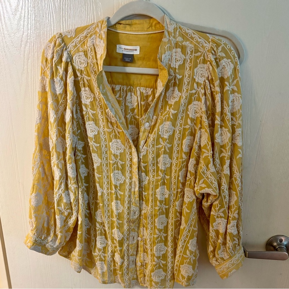Anthropologie Mustard Yellow Blouse with White Floral Embroidered Design